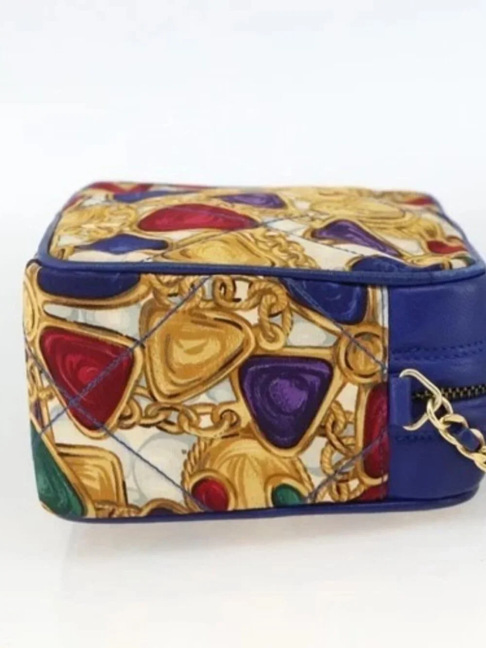 CHANEL Matelasse Chain Shoulder Bag Satin Blue Gold CC Auth BAZ668V